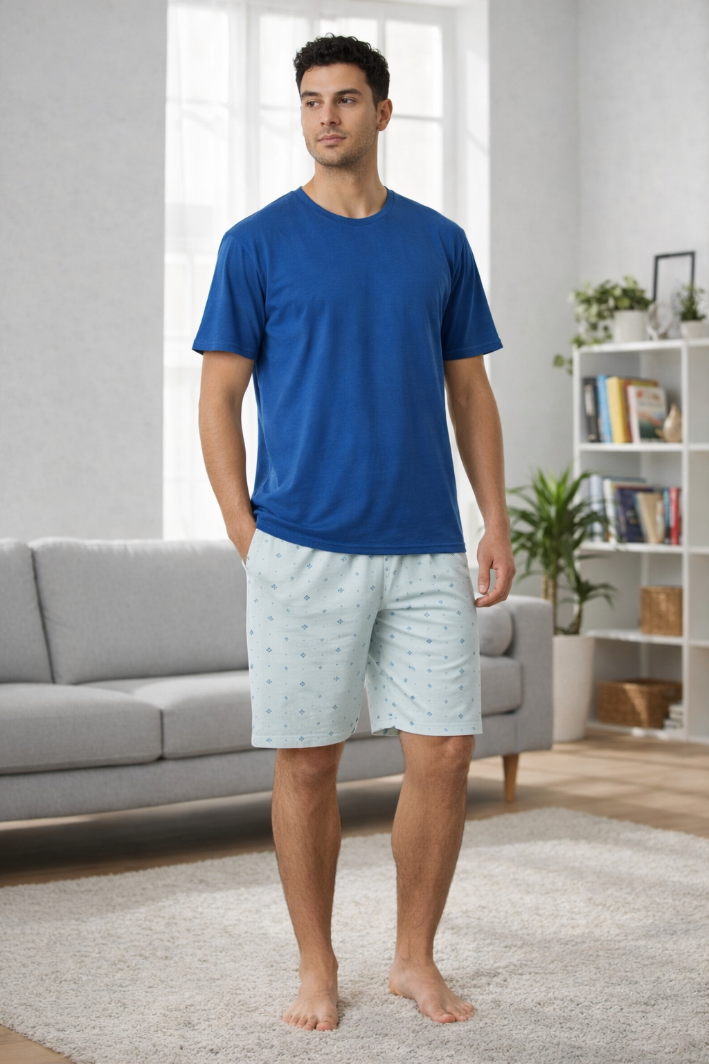 pijama azul y estampada pantaloneta
